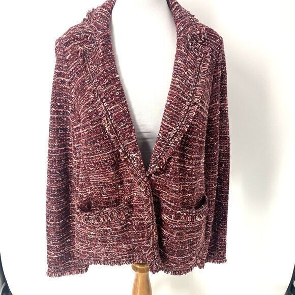 CHICOS Size L (2) Marked‎ Fringe Trim Sweater Blazer Burgundy Pink Pockets EUC - Picture 1 of 9